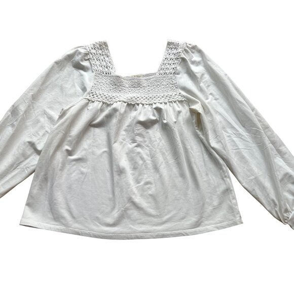 hinge Tops - Smocked Crochet Peasant Blouse Hinge Size M White Long Sleeve Square Neck Top